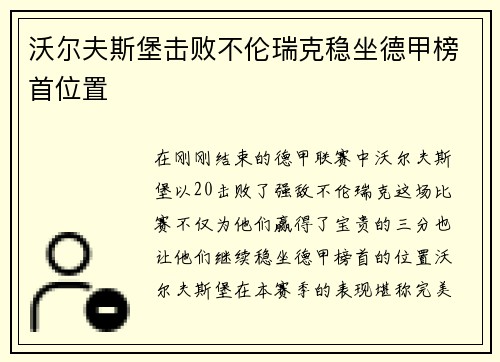 沃尔夫斯堡击败不伦瑞克稳坐德甲榜首位置