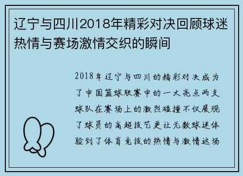 辽宁与四川2018年精彩对决回顾球迷热情与赛场激情交织的瞬间