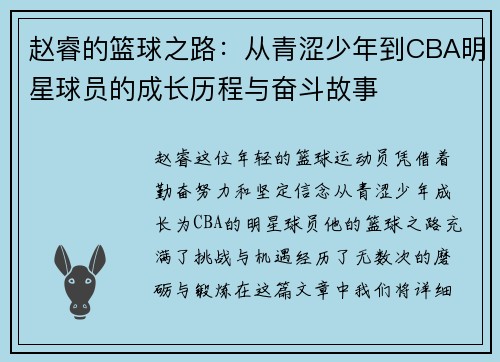 赵睿的篮球之路：从青涩少年到CBA明星球员的成长历程与奋斗故事