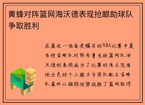 黄蜂对阵篮网海沃德表现抢眼助球队争取胜利