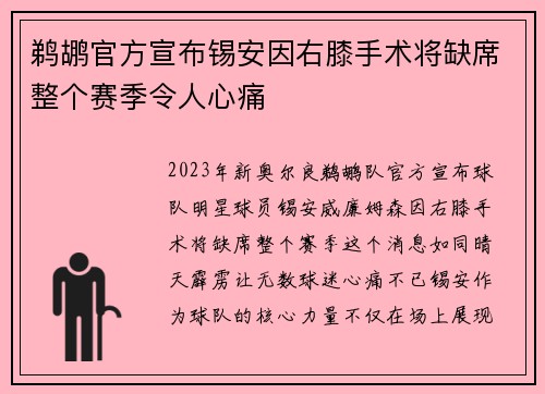 鹈鹕官方宣布锡安因右膝手术将缺席整个赛季令人心痛
