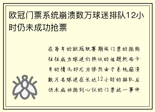 欧冠门票系统崩溃数万球迷排队12小时仍未成功抢票