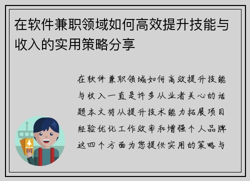 在软件兼职领域如何高效提升技能与收入的实用策略分享