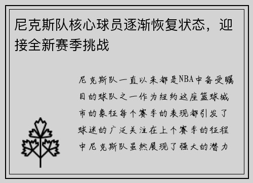 尼克斯队核心球员逐渐恢复状态，迎接全新赛季挑战