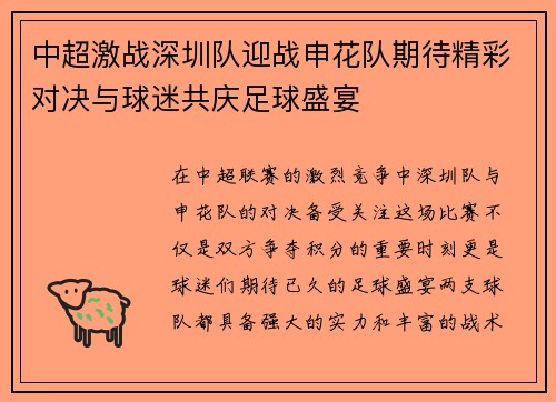 中超激战深圳队迎战申花队期待精彩对决与球迷共庆足球盛宴
