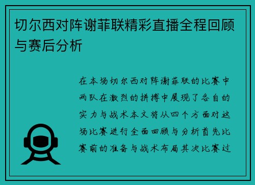 切尔西对阵谢菲联精彩直播全程回顾与赛后分析