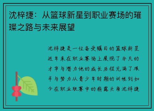 沈梓捷：从篮球新星到职业赛场的璀璨之路与未来展望