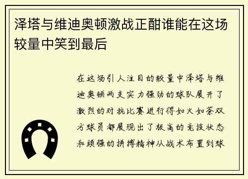 泽塔与维迪奥顿激战正酣谁能在这场较量中笑到最后