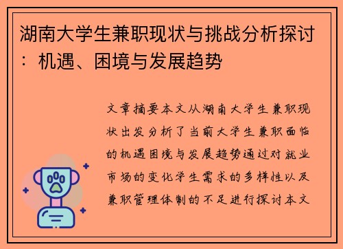 湖南大学生兼职现状与挑战分析探讨：机遇、困境与发展趋势