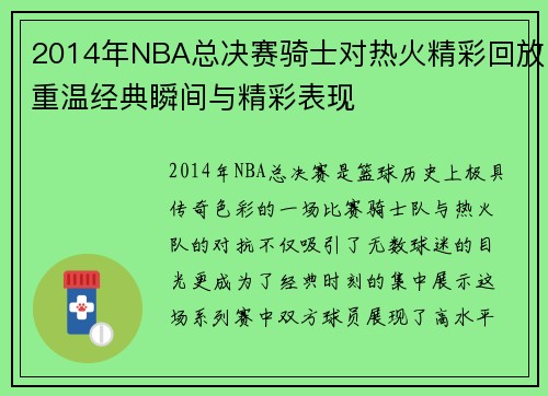 2014年NBA总决赛骑士对热火精彩回放重温经典瞬间与精彩表现