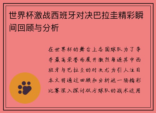 世界杯激战西班牙对决巴拉圭精彩瞬间回顾与分析