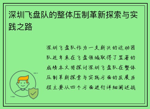 深圳飞盘队的整体压制革新探索与实践之路