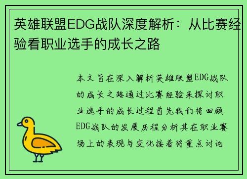 英雄联盟EDG战队深度解析：从比赛经验看职业选手的成长之路