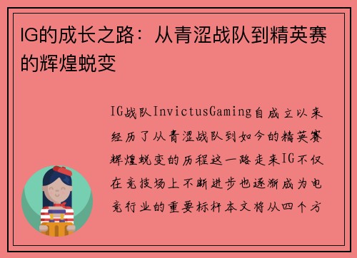 IG的成长之路：从青涩战队到精英赛的辉煌蜕变